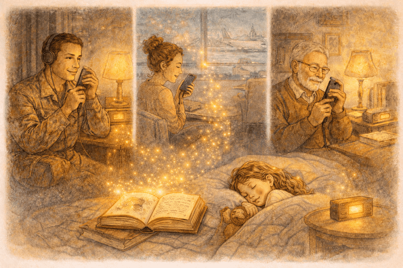 A soldier, grandparent, and travelling parent reading bedtime stories to a sleeping child